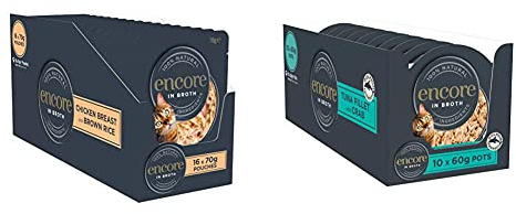 Encore Cat Food Pouch Chicken & Brown Rice (16 x 70g Pouches) & 100% Natural Wet Cat Food Pot, Succulent Tuna with Pacific Crab in Broth 60 g Pot (Pack of 10)