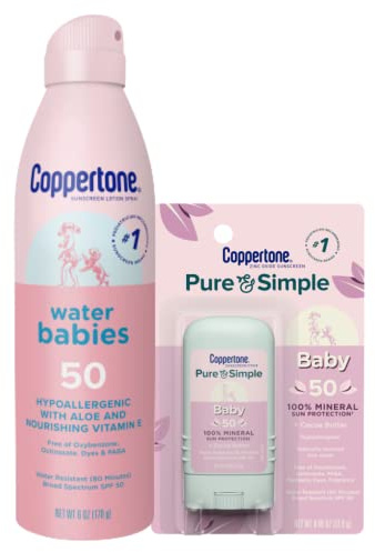 Coppertone WaterBabies Baby Sunscreen Spray SPF 50 (6 Oz) + Pure and Simple Baby Mineral Sunscreen Stick SPF 50 with Zinc Oxide, Tear Free (0.49 Oz) Hypoallergenic and Oxybenzone Free