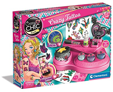 Clementoni Crazy Chic - Crazy Tattoo, Gioco Creativo per Bambini 6+ Anni, Kit Completo per Creare Tatuaggi Temporanei dall'Effetto Glow in The Dark, Set Regalo Divertente e Colorato, 18733
