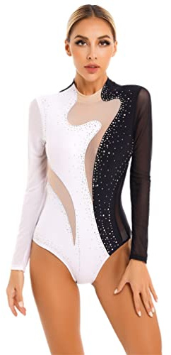 TiaoBug Donna Balletto Body da Danza Classica Moderna Abito da Ginnastica Pattinaggio Artistico Tank Leotard con Strass Costumi di Danza Jazz Samba Ballo Latino Jumpsuit Nero&Bianco S