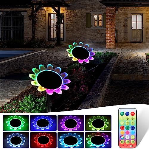 AGM Flower Solar Lights Outdoor Garden, 2-in-1 Solar Pathway Lighting & Swimming Pool Pond Lights, IP68 Waterproof, 8 Lighting Modes, Remote Control, Set of 2