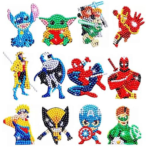Hero Diamond Painting Sticker Set, 12 Stück Cartoon Diamant Aufkleber, Super Diamond Painting Mosaik Aufkleber, Spider DIY Diamant Painting Kit für Kinder und Erwachsene Anfänger