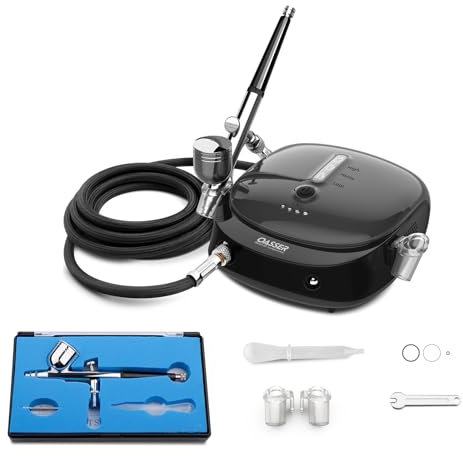 Oasser Airbrush Set Kompressor Dual Action 3 Modi wiederaufladbarer 1000mAh Akku 0,3mm Düse 7CC Tasse Airbrush Pistole für Modell Kosmetik Lackierung Schwarz
