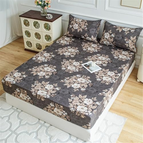 FANSU Spannbettlaken Polyester Bettlaken Floral Blumen 25cm Extra Tiefe Taschenlaken Weiche Bequem Spannbetttuch für Einzelbett Doppelbett Boxspringbett Vintage (2 Stück Kissenbezüge,Braun)