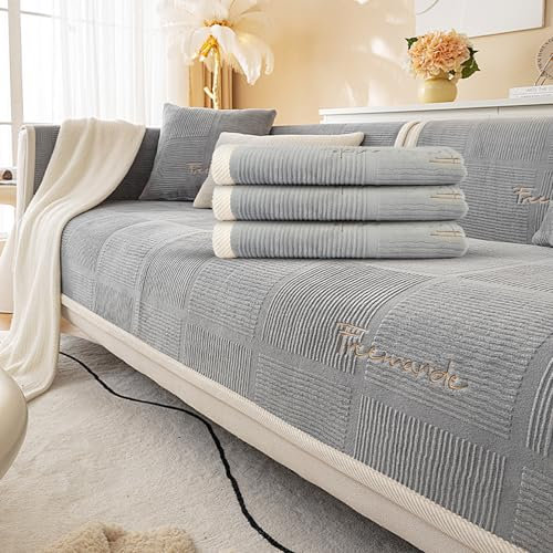 AUAUY Soft Milk Fleece Sofa Covers, Non-Slip Sectional Sofa Cover, Grey, 70x70cm