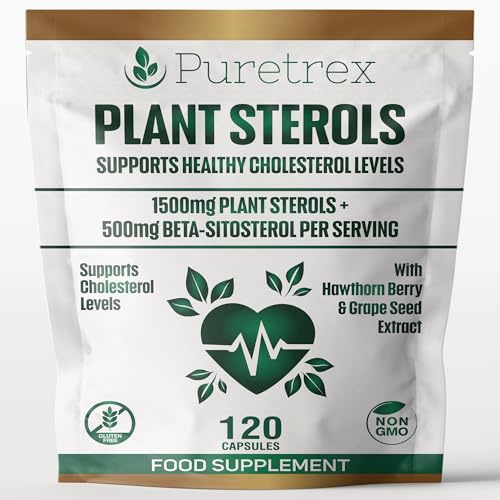 PURETREX Plant Sterols 2000MG Complex with Beta-Sitosterol - Supports Healthy Cholesterol Levels - with Hawthorn Berry & Grape Seed Extract - 120 Capsules - Gluten-Free & Non-GMO Food Supplement