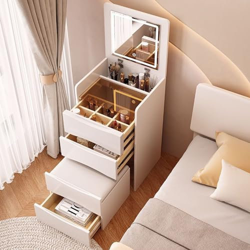 Moderno set da toeletta bianco con luce tattile e tavolo da toeletta ribaltabile regolabile con luce a LED, sgabello, comodino, armadio, scrivania multifunzione per camera da letto o soggiorno (47,8 x