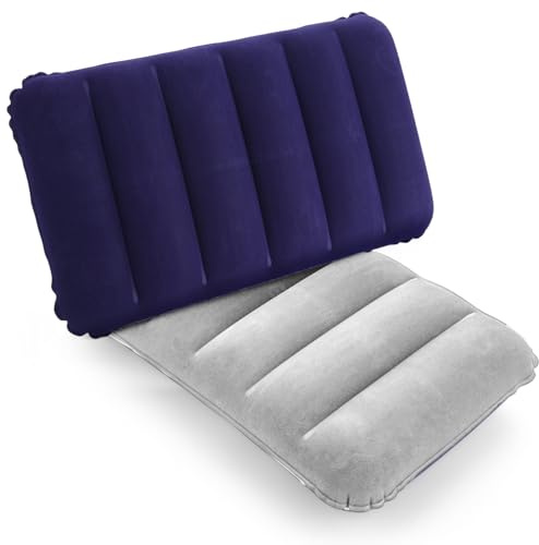 SUTAFOR 2X Cuscini Gonfiabili per Spiaggia, Viaggio e Campeggio Piccolo Cuscino da Esterno in Velluto Morbido, Blu+Grigio 43x27 cm