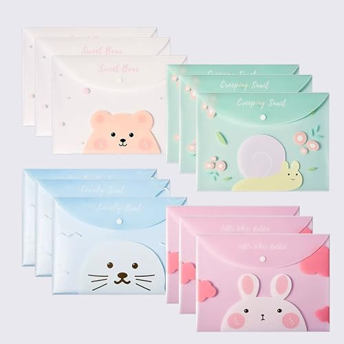 12pcs A4 Files Folder Fresh Leaves Document Bag, PVC Envelope Folder Document Folder with Snap Button for School Home Work Office Organization (Cute Little Animals)