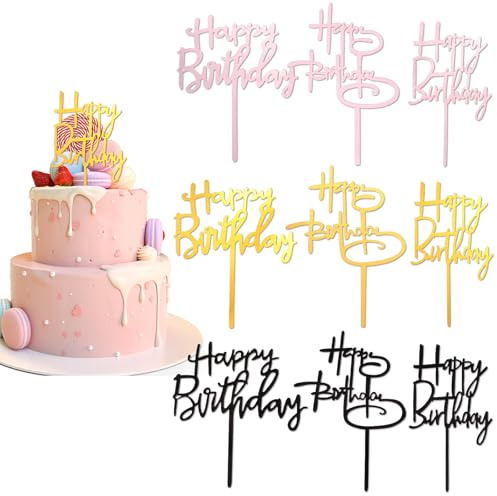Ouligay 9PCS Happy Birthday Cake Toppers Gold Pink Black, Acrylic Happy Birthday Cake Topper Cupcake Toppers, Elegant Party Decorations