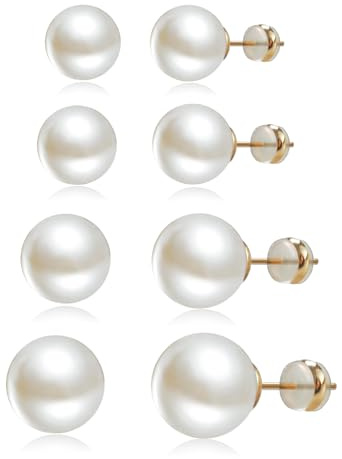 4 Pairs Pearl Stud Earrings 14K Plated Gold Sterling Silver Post Hypoallergenic Earring stud Round Large size Simulated pearl 8mm-14mm Set Earrings for women