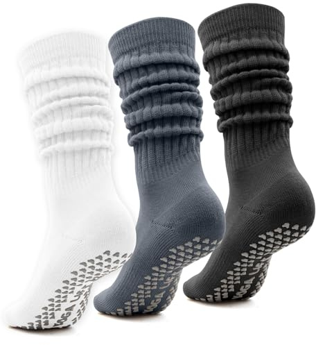 Soleeya 3 Paires Chaussettes Hautes Femme Antidérapantes Taille 35-39, Chaudes Thermiques Tricotées Chaussettes Empilées Montantes Longues Femme en Coton Antidérapantes pour Bottes Yoga Pilates (A)