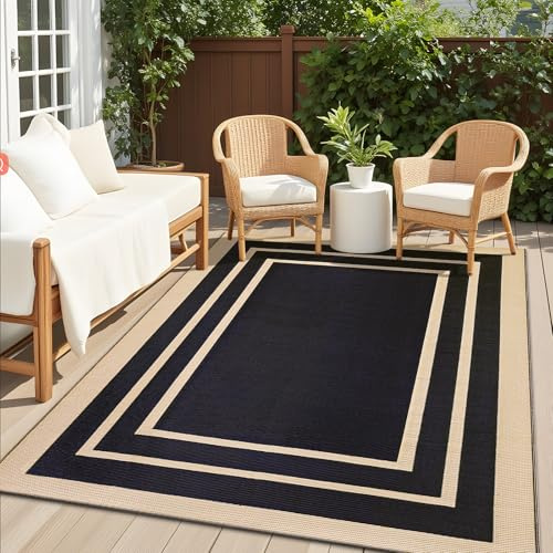 Homaxy Waterproof Outdoor Rug, 150x240cm, Black & Beige | Anti-slip Reversible UV Resistant Garden Rugs, Easy Cleaning Carpet for Camping, Patio, Beach, Picnic, Backyard
