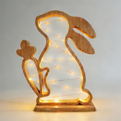 LUKIUP Conejito Pascua Madera con Luces LED Cadena, Decoracion Pascua Conejo Decoración Primaveral para Mesa, Adornos de Pascua para Interiores y Exteriores