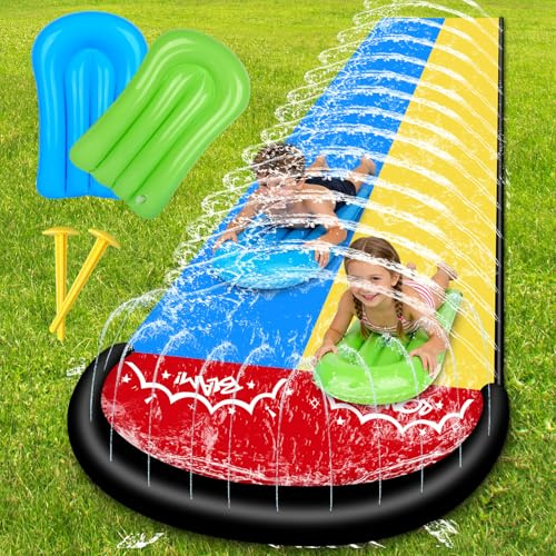 HIULLEN Tobogán de Agua, 15.8ft/480cm Tobogán Acuático para Césped con Rociador, Deslizador de Agua con Aceleración Extra con 2 Tablas Inflables para Fiestas de Verano, Jardín, Acuáticos al Aire Libre