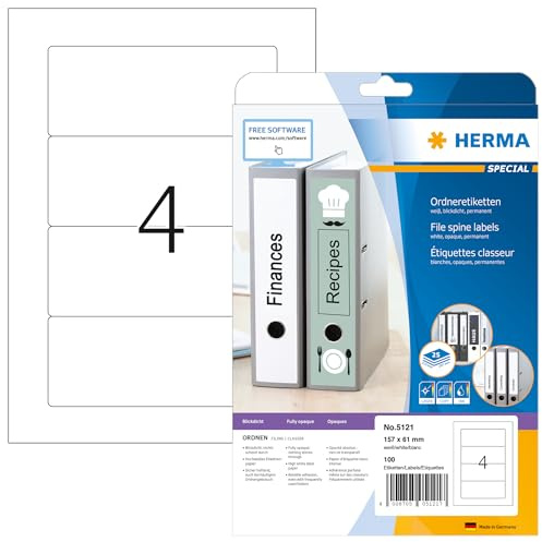 HERMA Self Adhesive Spine Labels, 4 Labels per A4 Sheet, 25 Sheets, 157 x 61 mm, 100 Labels, Blank Lever Arch File Folder Labels Stickers, Sticky Labels for Laser & Inkjet Printer, White