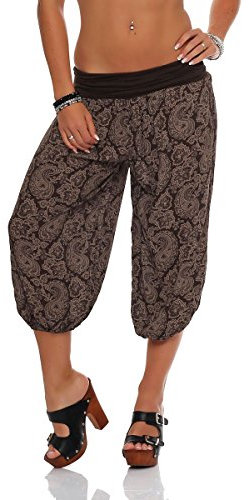Malito – Damen Haremshose mit Orient Print – Pumphose aus Baumwolle – Kurze Stoffhose – Pluderhose zum Tanzen, Chillen & Yoga – knielange Capri Hose 8581 (Dunkelbraun)