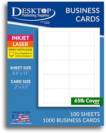 1000 High Grade Business Cards (100 Sheets) - 65lb Cover (177 GSM) - (Separates to 3.5 x 2) - Great for Business Cards, Product Inserts & More