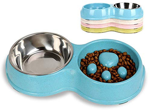 Tineer Double Pet Dog Slow Feeder Bowl,Stainless Steel Anti-Choke Puppy Food and Water Feeder for Dogs Cats (Blue)