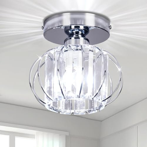 Mini Crystal Chandelier Ceiling Lighting Fitting Small Lampshade Semi Flush Mount Ceiling Light Modern Ceiling Lamp for Hallway Kitchen Dining Room Bedroom Stairs,E27,Chrome