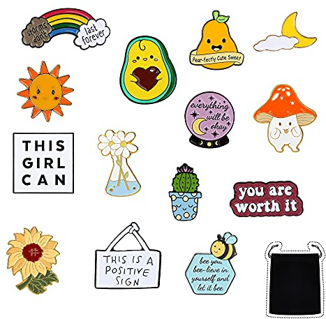14 Pieces Positive Enamel Pins Set Motivational Enamel Lapel Pin Inspirational Cute Brooch Pin Badges for Women Clothing Bags Hats Decorations