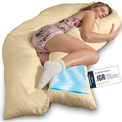 Traumreiter Seitenschläferkissen Visco XXL mit Bezug Baumwolle Sand, Hybrid Kissen +1cm Memory Foam Schwangerschaftskissen U Form Gel Body Pillow Komfortkissen Ergonomie Zertifiziert