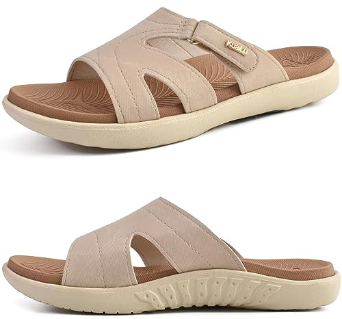 KuaiLu Chanclas Mujer Moda Ortopedicas Comodas Soporte del Arco Chancletas Baño Verano Cool Playa Piscina Ligera Abierta Sandalias Antideslizante Goma Suela Blanco beige 38