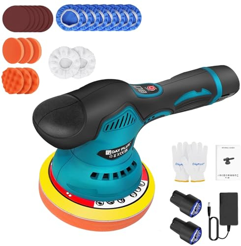 JAOSY Car Polisher and Buffer Set, Car Polisher Cordless Car Polishing Machine, 2.0Ah 2PCS 12V Lithium Rechargeable Battery, Portable Buffer Kit for Waxing