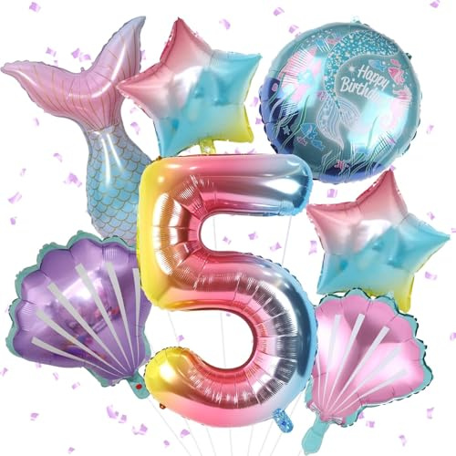 Mermaid 5th Birthday Decorations, 8Pcs Mermaid Birthday Decorations Balloons, 40 Inch Rainbow Number 5 Balloon, Large Helium Foil Mermaid Tail Balloon, Seashell Balloons for Mermaid Party Supplies