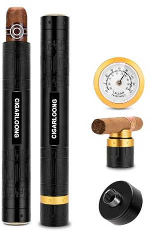 CIGARLOONG Tube à cigares, Cave à cigares 3 en 1 avec hygromètre, perforateur à cigares et Porte-cigares, étui à cigares Durable pour Voyage en Plein air, Rangement Portable (Noir)