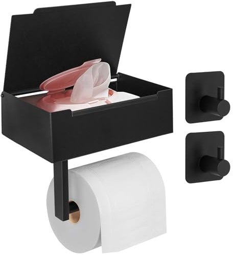 JiangLin Edelstahl Toilettenpapierhalter Ohne Bohren, Klopapierhalterr Schwarz mit Feuchttücherbox, Selbstklebend WC Papier Halterung mit 2 Klebehaken Wandmontage klorollenhalter Für Badezimmer