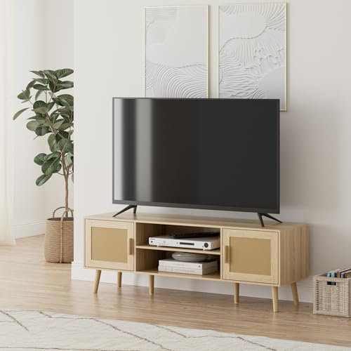 HEYZOEY TV Schrank, Lowboard für TV bis 60 Zoll, 2-türiges TV Board mit Schränken für Wohnzimmer (Eiche, 137 x 38 x 48 cm)