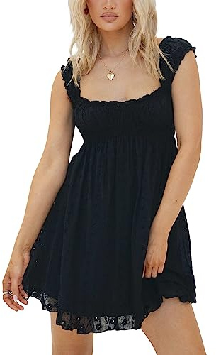Women Ruffle Mini Dress Lace Strap Square Neck Babydoll ShortDress Sleeveless Flowy Mini Dress Y2K Swing Sundress