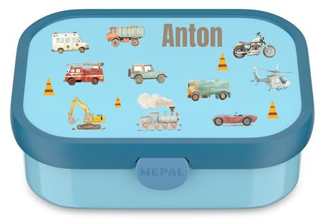Mepal Boîte à goûter personnalisée pour enfant avec compartiments, avec nom sans BPA, anti-fuite, avec impression colorée de véhicules (bleu)