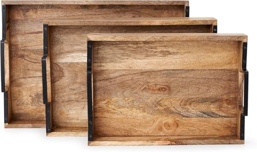 Assorted Collections Wooden Trays with Cast Handles – Premium Quality Decorative Serving Trays for Coffee Table – Wooden Snack Tray Versatile for Meal Service, Home Decor & Entertaining (Set of 3)