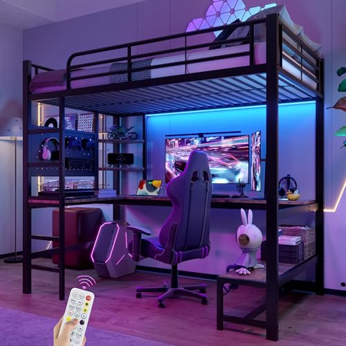 Biqzuya Lit Mezzanine Enfant/Adulte 90x200 cm avec Bureau, Structure Métal Robuste, lit Enfant Barrière de Sécurité, Échelle, Rangements, lit superposé Prises USB/Type-C, LED, sans Matelas