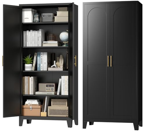 Zevemomo 70.87 H Metal Kitchen Pantry Cabinet, Freestanding Cupboard with 2 Doors and 4 Adjustable Shelves, Tall Metal Storage Cabinet for Kitchen, Bathroom, Dinning Room or Laundry Room （Black）