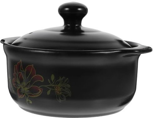 JECOMPRIS Olla de Cerámica Gruesa 1,6l Tapa Negra Resistente a Altas Temperaturas para Estofado y Sopa, Cazuela para Cocina a Gas, Adecuado para 1-2 Personas, Ollas Cerámica para Hogar