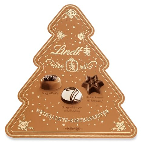 Lindt Schokolade | Weihnachts-Kostbarkeiten Pralinés-Tannenbaum | 100g | edle Pralinen in 6 festlichen Sorten, teilweise mit Alkohol | Premium Pralinen-Geschenkbox zu Weihnachten
