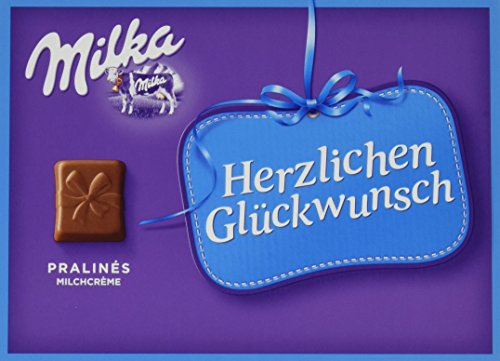 Milka Herzlichen Glückwunsch Milchcrème - Geschenkverpackung mit Pralinen aus Alpenmilch Schokolade - 5 x 110g