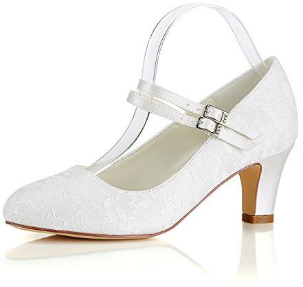 Emily Bridal 1505-10 bröllopsskor för kvinnor, stängd tå, 6 cm, tjock klack, spets, satin, pumpar med spänne, brudskor, Elfenben, 36 EU