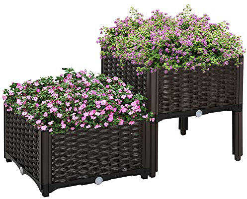 Outsunny Set of 2 26L Garden Raised Bed Elevated Patio Flower Plant Planter Box PP Vegetables Planting Container, Brown
