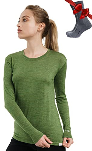 Merino.tech 100% Chemise Femme Laine Merinos + Chaussettes | Sous Couche Merinos Léger, Moyen, Épais, Respirant, Anti-Odeur Naturel, Idéal pour la Randonnée, Ski, Voyage, Non-Irritant