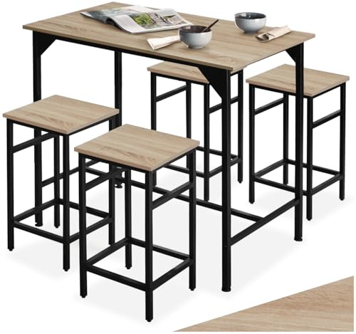 tectake® Ensemble de Bar 5 pièces, Table Haute 100 x 60 x 88,5 cm et 4 Tabouret Bar 32 x 32 x 58 cm, Style Industriel, Table Haute Mange Debout et Tabouret Haut, Cuisine, Salle à Manger, Bois Clair