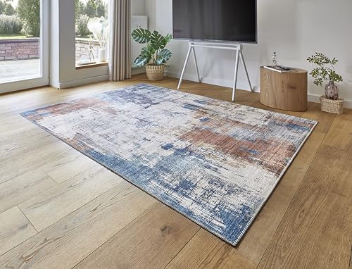 -LUXOR- living Teppich Wohnzimmer Polino im Vintage Design - Wohnzimmerteppich Teppich Kurzflor Digitaldruck in zeitlosem Design 120 x 170 cm blau-Koralle