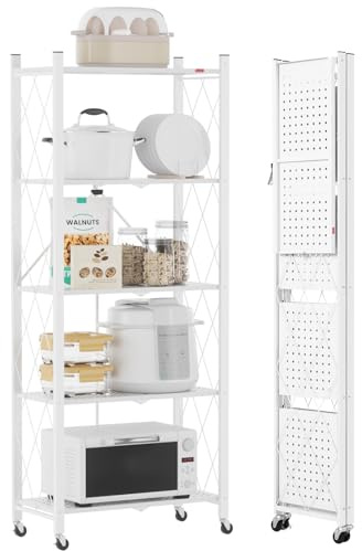 DEANIC Klappregal, 5 Regal Bücherregal, Küchenregale mit Rollen, Metallregal zur Aufbewahrung für Wohnzimmer, Speisekammer (61 x 147 x 28 cm, Weiß)