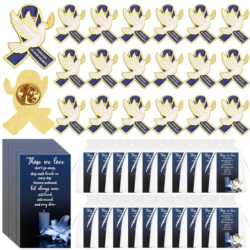Lot de 20 broches en métal bleu avec ruban bleu pour insigne « Forever in Our Hearts » avec poème commémoratif, sacs en organza pour funérailles, deuil, deuil, souvenir, taille unique, Métal