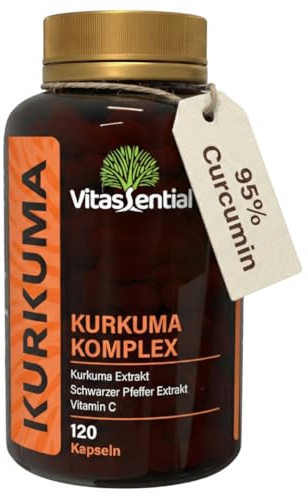 Kurkuma Komplex - Hochdosiert Curcuma Extrakt 95% Curcumin mit Piperin & Vitamin C – Entzündungshemmer - Gelenke, Immunsystem & Verdauung – Hohe Bioverfügbarkeit – 120 Kapseln