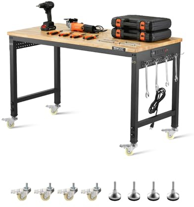 VEVOR Banco da Lavoro Regolabile 1219 mm, Tavolo per Lavoro Carico max. 907 kg Presa di Corrente, Ruote e Pannello Forato, Piano in Legno di Quercia per Garage, Officina, Ufficio e Casa