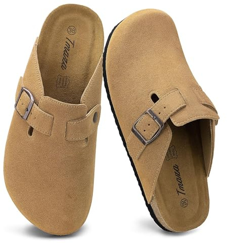 Tmaza Zueco Mujer Pantuflas de Piel con Corcho Cerradas Zapatillas -Calzado de Jardín Sandalias Marrón 39